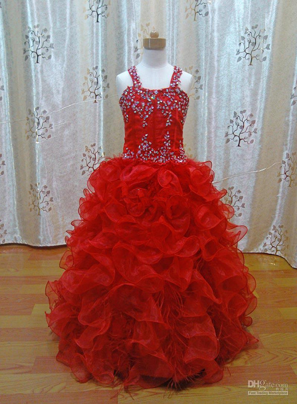 Pretty Designer Beads Crystal Red Organza Feather Girls Pageant Dress Formal Occasion Dresses