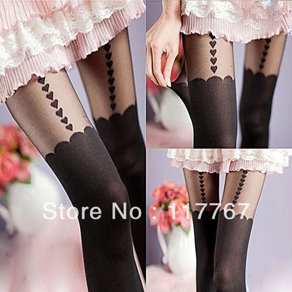 Pretty Sexy Lady Black Mock Suspender Heart Pantyhose Tights Stockings 651106