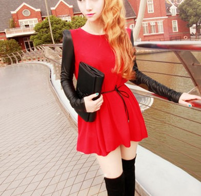 Princess 2013 small shoulder pads patchwork knitted high waist one-piece dress leather belt 8118--b34