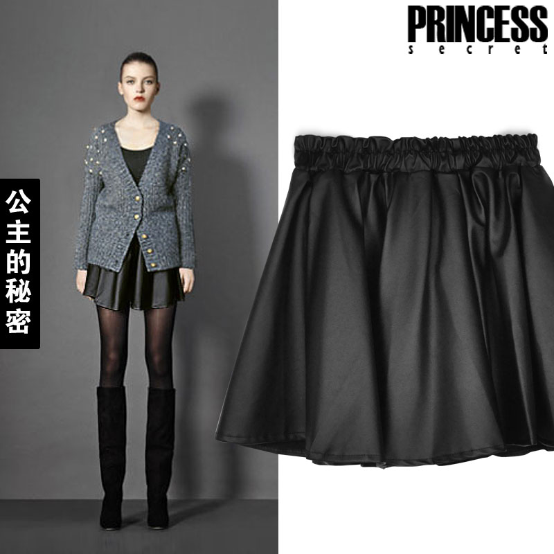 Princess 2013 winter black elastic waist expansion bottom half-length leather skirt short skirt