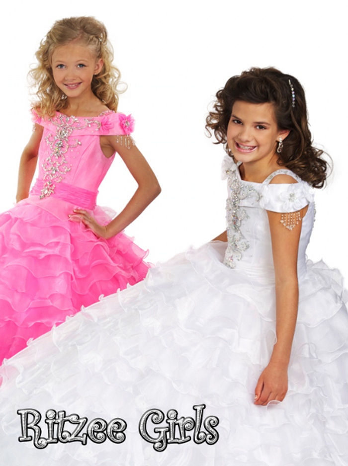 Princess beads off-the-shoulder beads fold pleated ball gown pink pageant dress for girl tiered white pink  flower girl dresses