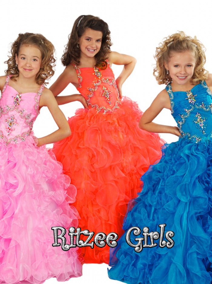 Princess beads spaghetti strap fold ruffle ball gown sweep train flower girl dress organza pageant dress back zipper
