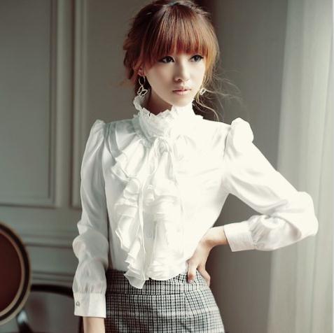 Princess blouse palace temperament vintage stand-up collar lacing flouncing long-sleeve shirt Plus Size:S/M/L/XL/XXL