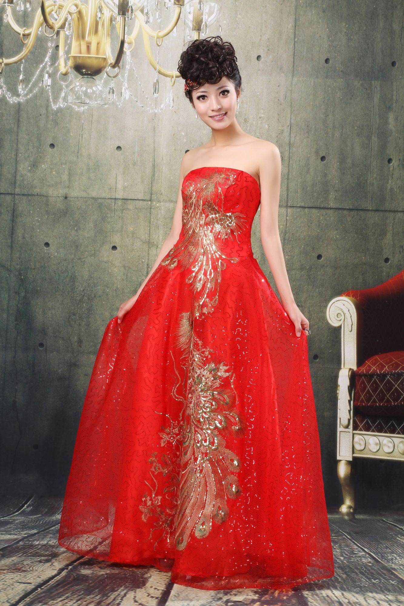 Princess bride big red paillette formal dress costume married (WD001)