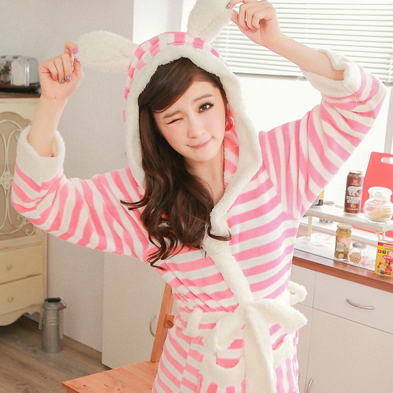 Princess high quality flannel with a hood women's autumn and winter long-sleeve sleepwear robe ear