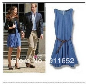 Princess Kate  Zar@ elegant pleated chiffon vest one-piece dress with belt Free Shipping