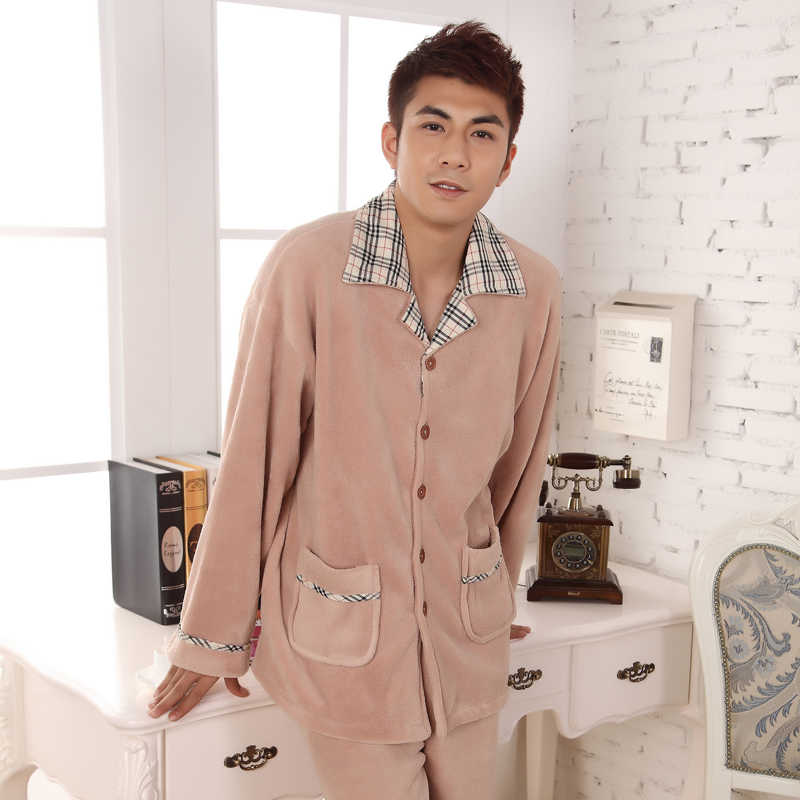 Princess male autumn and winter quality coral fleece sleepwear long-sleeve set thickening solid color thermal lounge