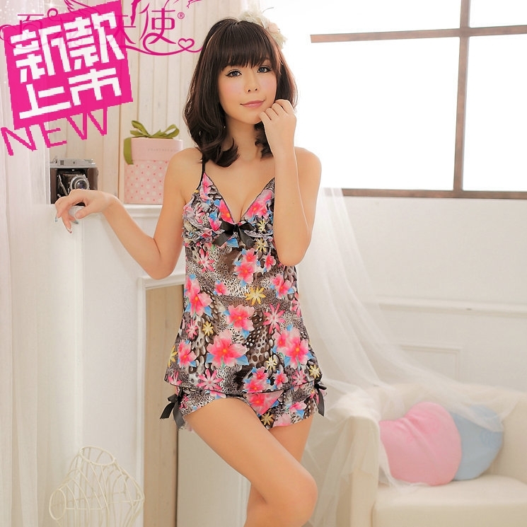 Print cute wind spaghetti strap top shorts set sleepwear nightgown pajama pants female lingerie 3