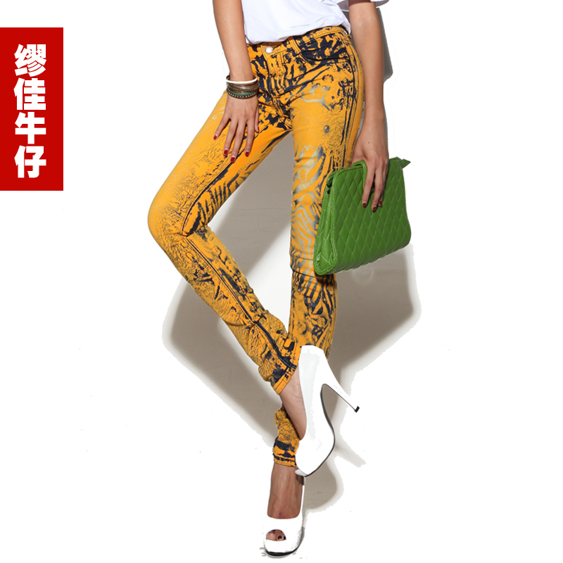 Print jeans female trousers flower trousers Women flower pants casual