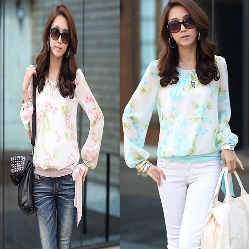 Printing translucent hem lace long-sleeved chiffon blouse 3546