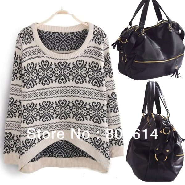 Printing Women's Ladies Sweater Round Neck Irregular Pullover Plus 1pcs Synthetic Leather Tassel Shoulder Bag