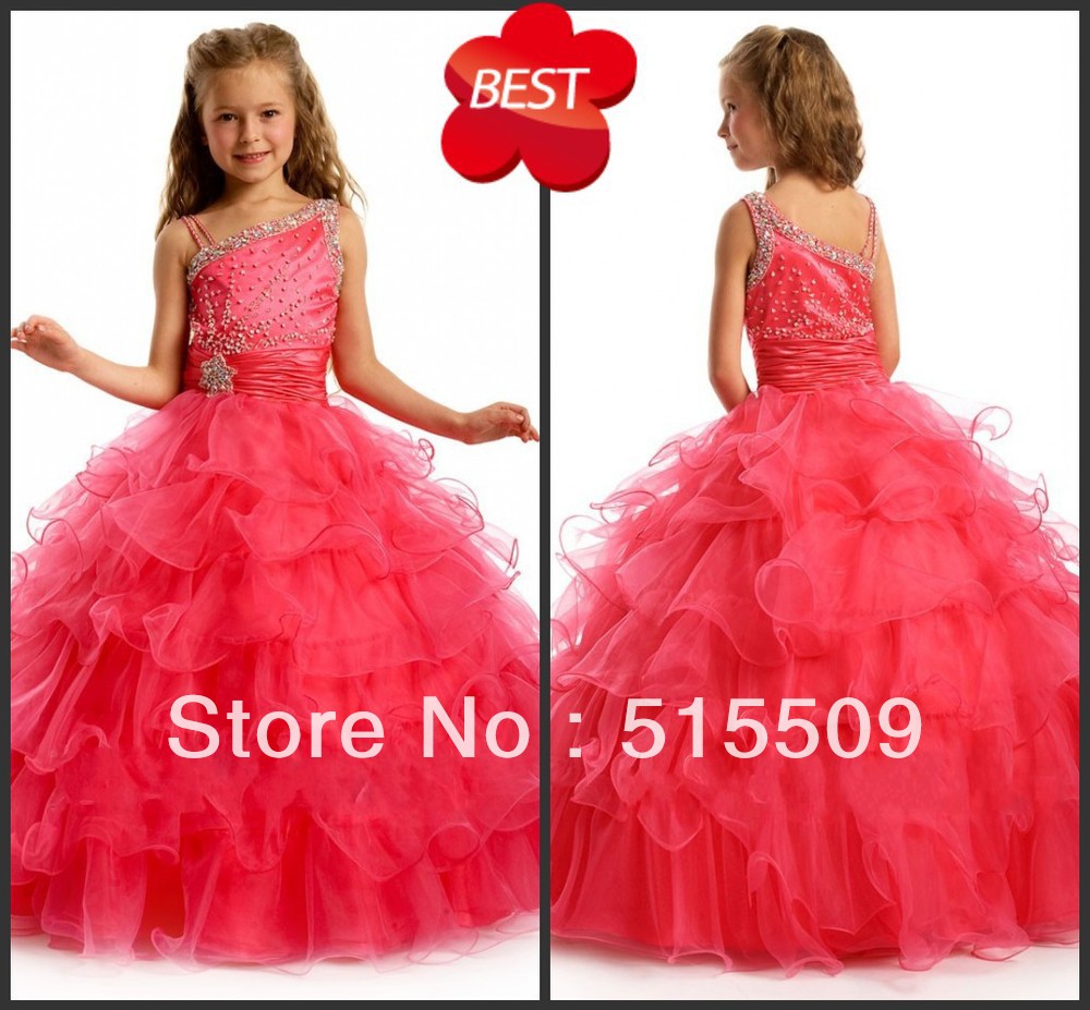 Professional! Girl's Pageant Gowns Asymmetrical Neck Ball Gown Floor Length Crystal Beaded Layered Girl's Formal Occasion Dress