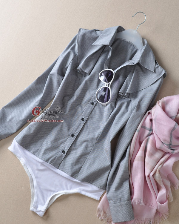 Professional women's black and white lattice gentlewomen smallerone laciness long-sleeve turn-down collar slim one piece shirt