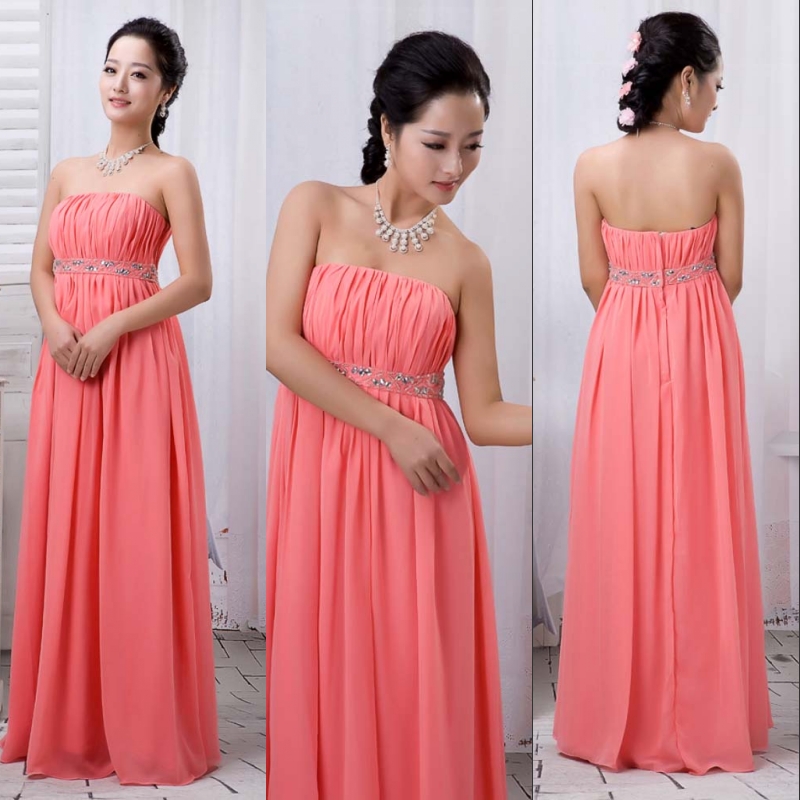 Prom long formal dress watermelon red chiffon evening dress tube top high waist formal dress re30