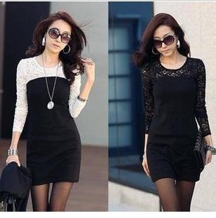 Promoting 2013 New Arrival Slim Autumn Dress Lace Patchwork Plus Size Free Shipping 2081102