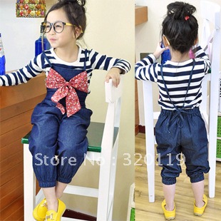 Promotion! 2013 children's clothing girl bow faux denim bib pants child jeans overall 90 to 130cm free shipping