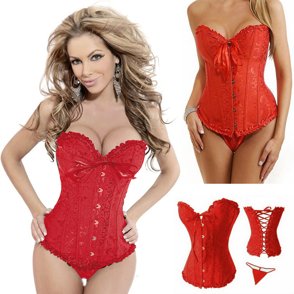 Promotion! 4211 Women Sexy Corsets Lace Red Corsets  Embroidery bustiers sexy Lingerie Set+g string
