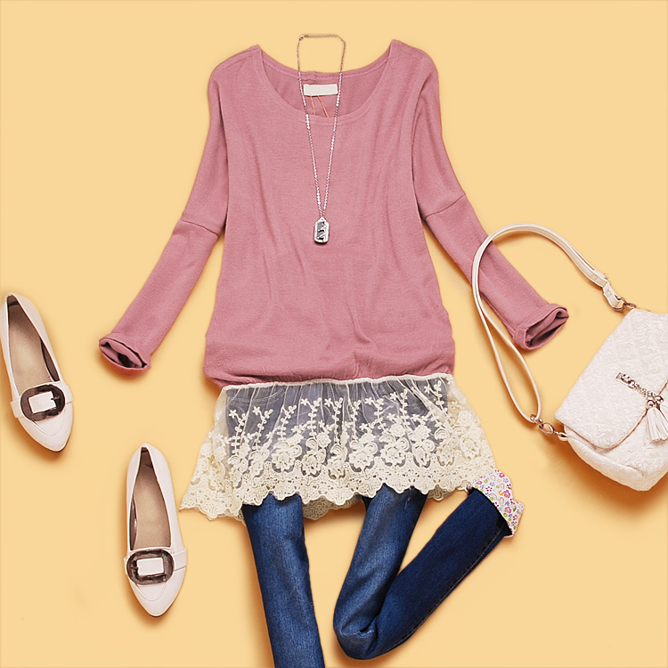 promotion! Ak2-3 women's sweet lace decoration pullover loose bat sweater basic shirt 1467 free shipping