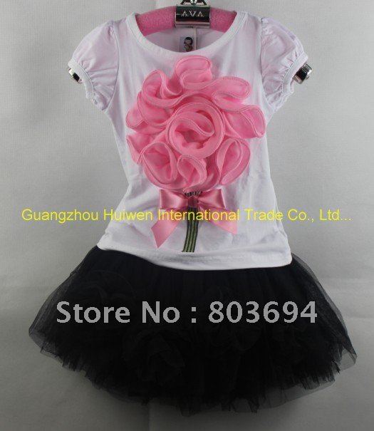 promotion! baby clothes kid's clothes 2pcs sets baby suits 5sets/lot  white shirt pink flower +black skirt  A-55