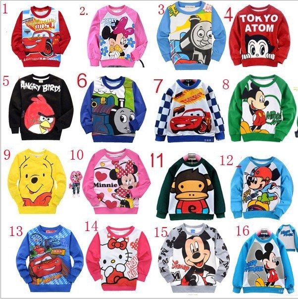 Promotion baby pullover children's cartoon T-shirt long sleeve tee boy girl fashion clothes 6pcs/lot kids clothing 16 designs