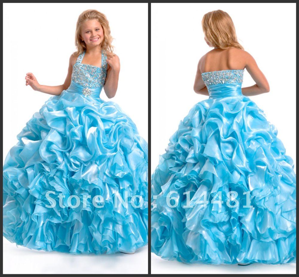 Promotion Fashion New Ball Gown Organza Full Length Sky Blue Lovely Princess Flower Girl Dress 2012 Custom Made