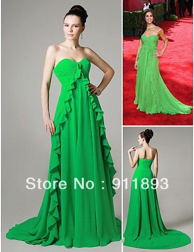 Promotion Fashion Skirt Amazing Sweetheart Chiffon Discount Green Trains Cheap Celebrity Dress 2012 Custom Made