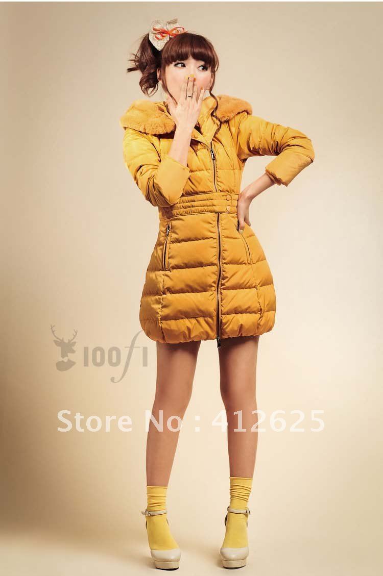 Promotion Fashion Women winter rex rabbit hair down feather jackets, waterproof Rib sleeve hooded  Freeshipping