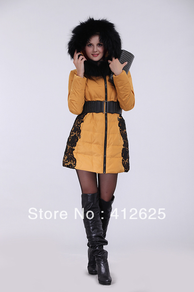 Promotion FOX hair down coat women medium-long slim large  fashion classic down long jacket FAST free shipping