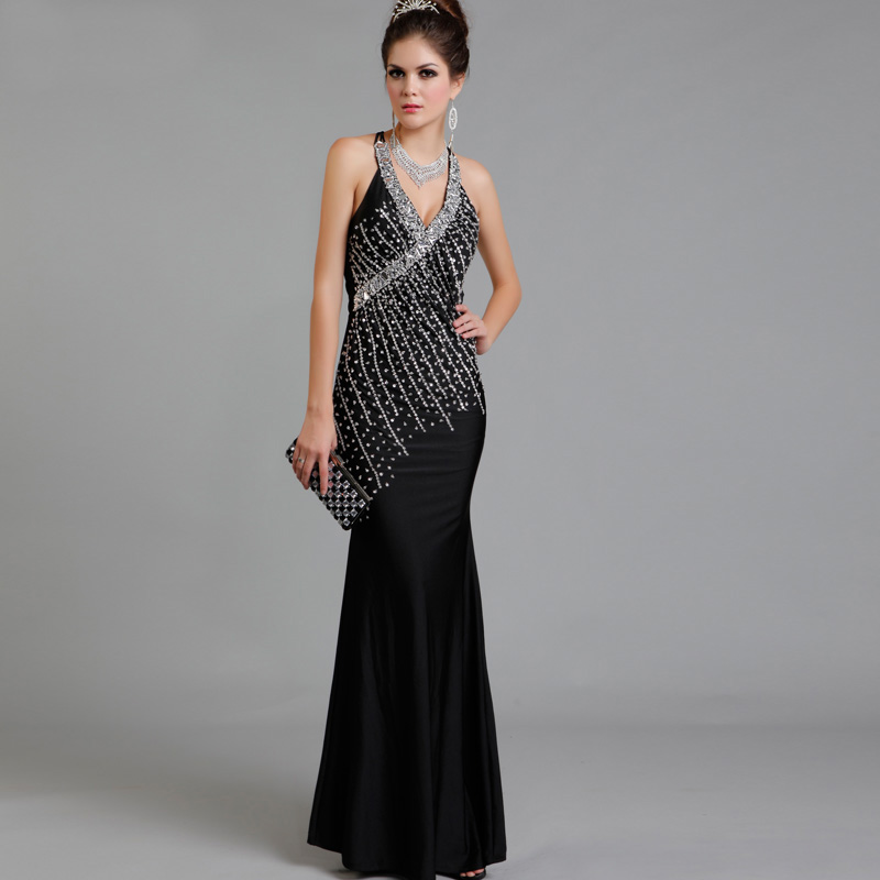 promotion full dress black slim beading evening dress rhinestone quality V-neck racerback fish tail slim evening dress