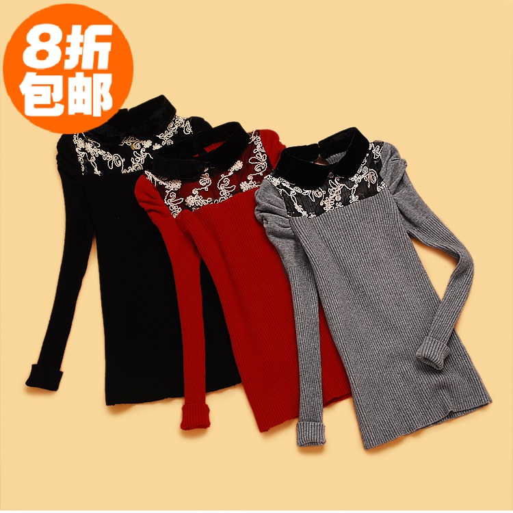 promotion! G1-3 winter women's turn-down collar lace patchwork puff sleeve rib knitting slim sweater basic shirt