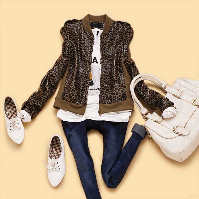 promotion! G2-2 women's cool leopard print rib knit match short design PU clothing outerwear