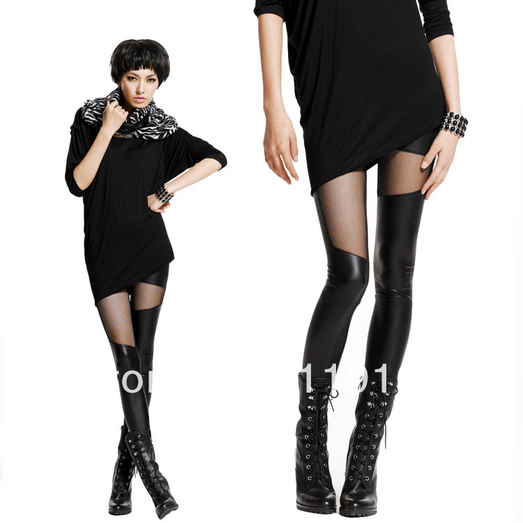 Promotion Good Quality 2013 New Black Splice Block Color Gauze Imitation Leather Sexy Leggings Women's Fashion Legging