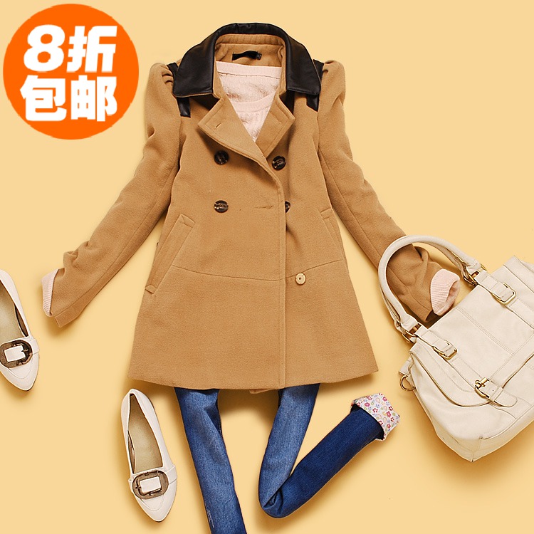 promotion! N2-4 winter women's faux leather patchwork double breasted puff sleeve medium-long woolen outerwear 9107