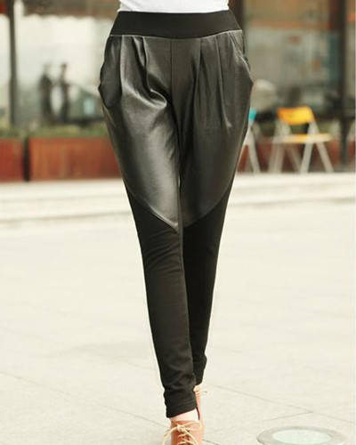 Promotion New Black Faux Leather Panels Leggings Skinny Harem Pants Women Tights Free Shipping