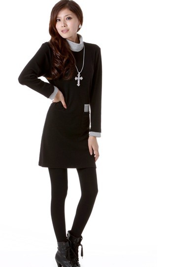 Promotion  New Cotton Blended Long Sleeve Short Paragraph Dress Dress Son Color Black Light Gray size S M L