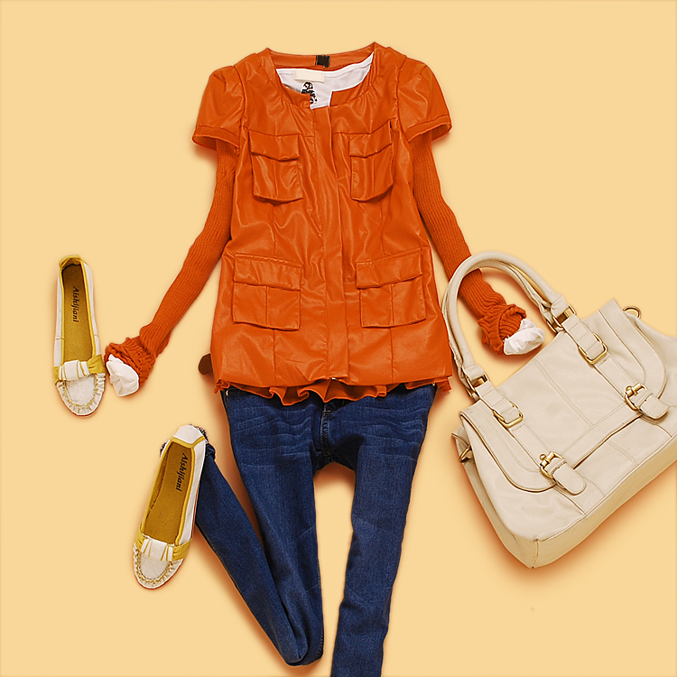 promotion O3-3-4 winter 2012 women's multi-pocket long-sleeve water wash PU clothing outerwear free shipping