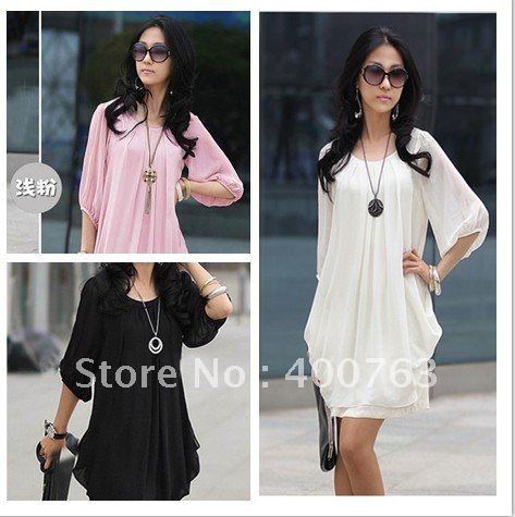 Promotion Price! Ladies Korean sexy Sundress Graceful  Chiffon Dress Bracelet Sleeve 3 Colors SizeM,L free shipping