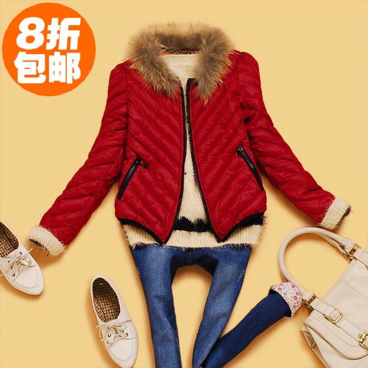 promotion! R5-3-4 winter women's elegant fur collar color block triangle thin wadded jacket coat