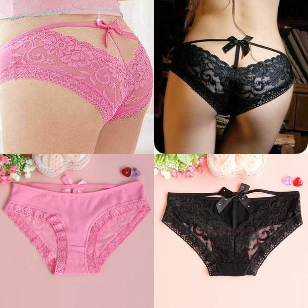 promotion sexy women's lace cotton panties underwear underpants lady thong bow-knot multicolors panty g-string free shipping