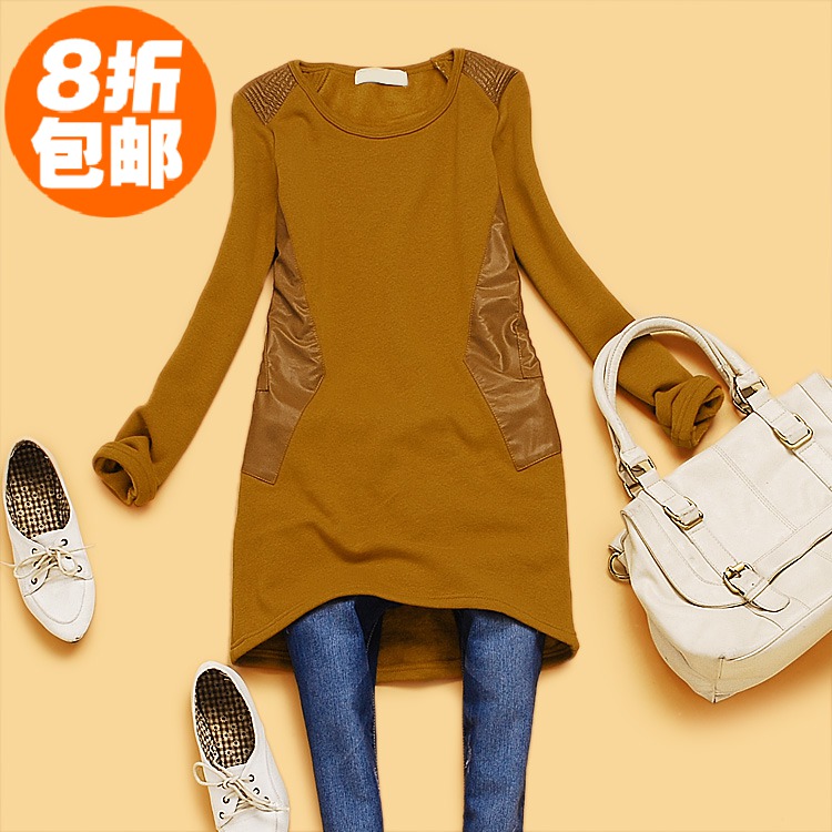 promotion! U4-4 winter dress faux leather patchwork asymmetrical plus velvet thickening fashion basic one-piece dress