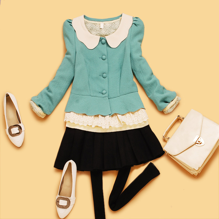 promotion W2-2 autumn and winter women wave peter pan collar lace patchwork long-sleeve short jacket free shipping