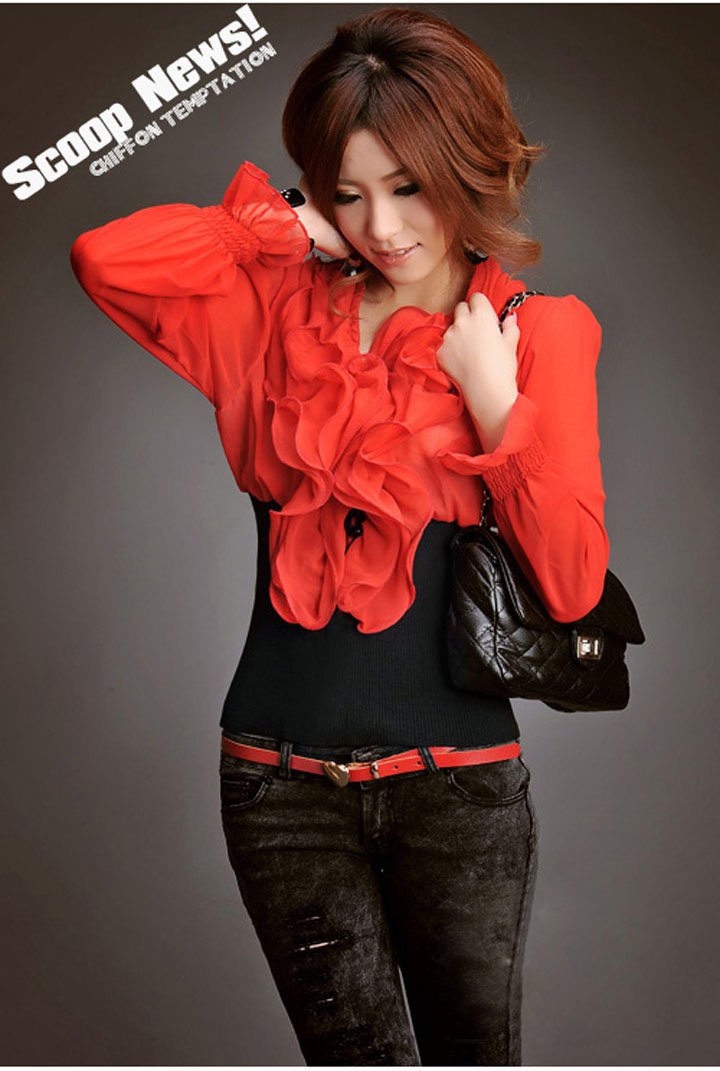 Promotion Wholesale Lady Long-sleeve Ruffle Blouse,hot sale ladies blouses,3 colors shirts you can mix order