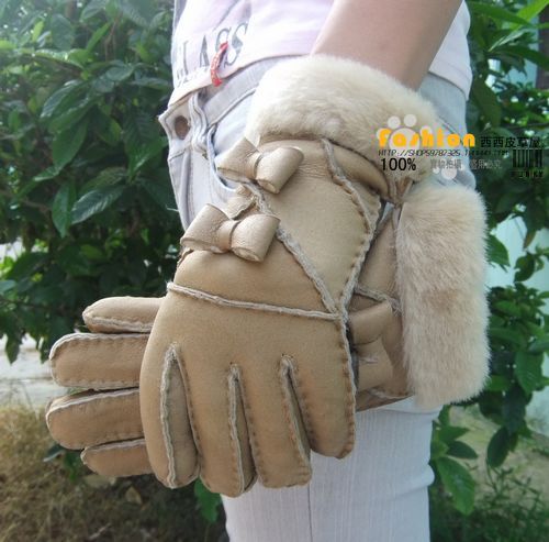 PROMOTION! Wool and fur in one gloves Women leather gloves thermal free shipping