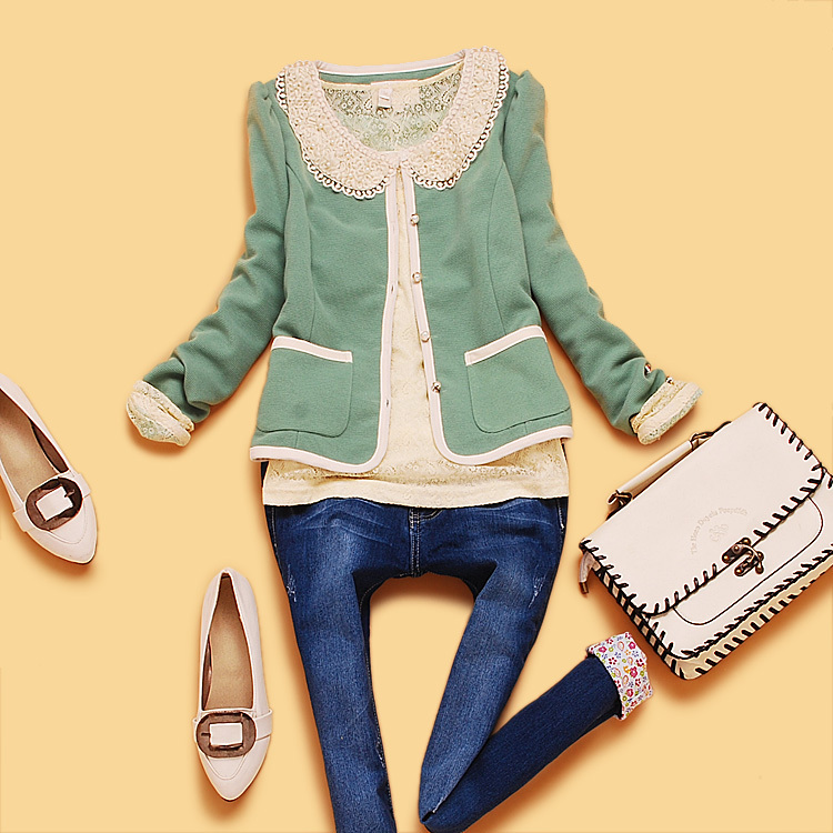 promotion Z3-4 autumn 2012 women's beading ruffle peter pan collar lace puff sleeve short jacket free shipping