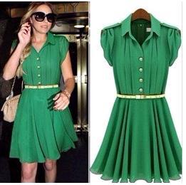 Promotions Hot Ladies Chiffon Dress Summer Lapel Pleated Slim Empire Puff Short Sleeve Women's Dress(With Belt) 2ColorF102