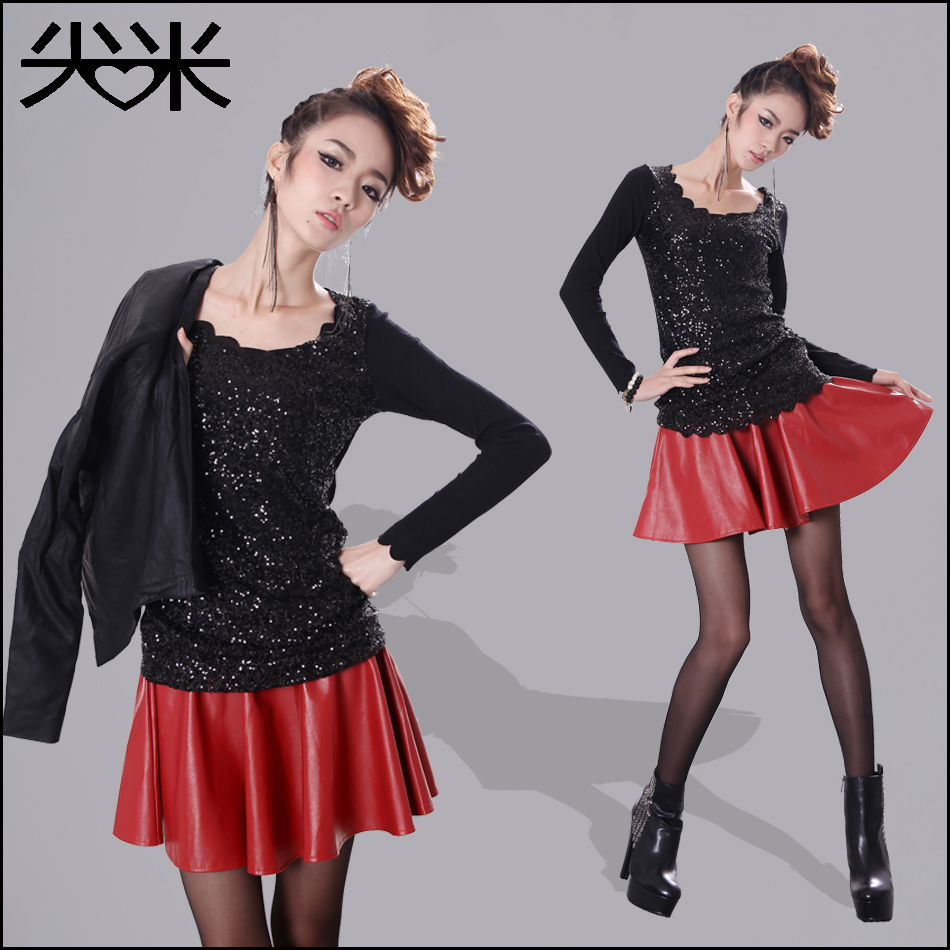PU bust skirt 2013 spring black Wine red leather short skirt pleated pleated ladies skirt