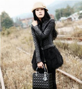 PU clothing slim rabbit fur collar fur outerwear thickening women's
