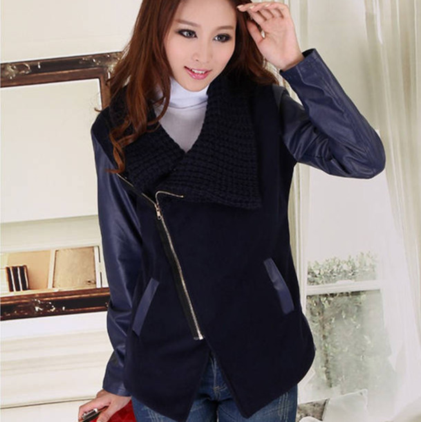 PU female outerwear blue sweater oblique zipper patchwork leather clothing patchwork leather coat short design female top