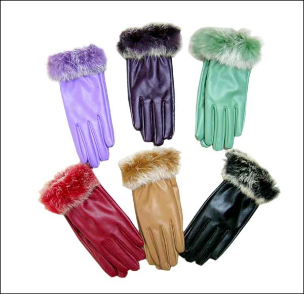 PU leather glove rabbit fur cuff warm gloves cony hair