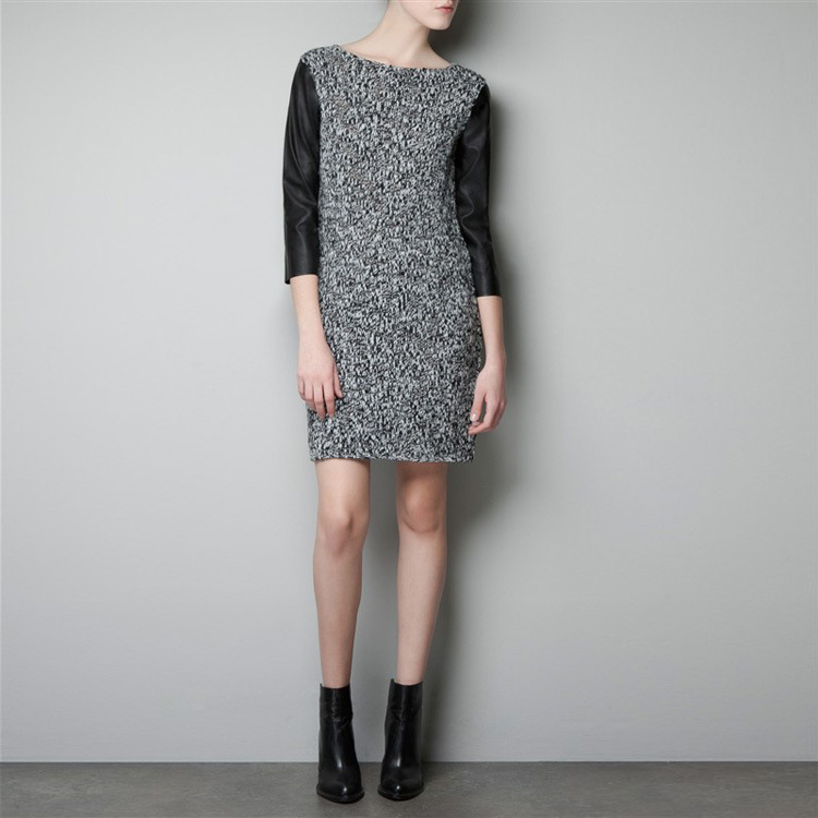 PU Patchwork Knitted Three Quarter Sleeve Autumn And Winter One-piece Dress Faux Leather Women Dresses Free shipping ~